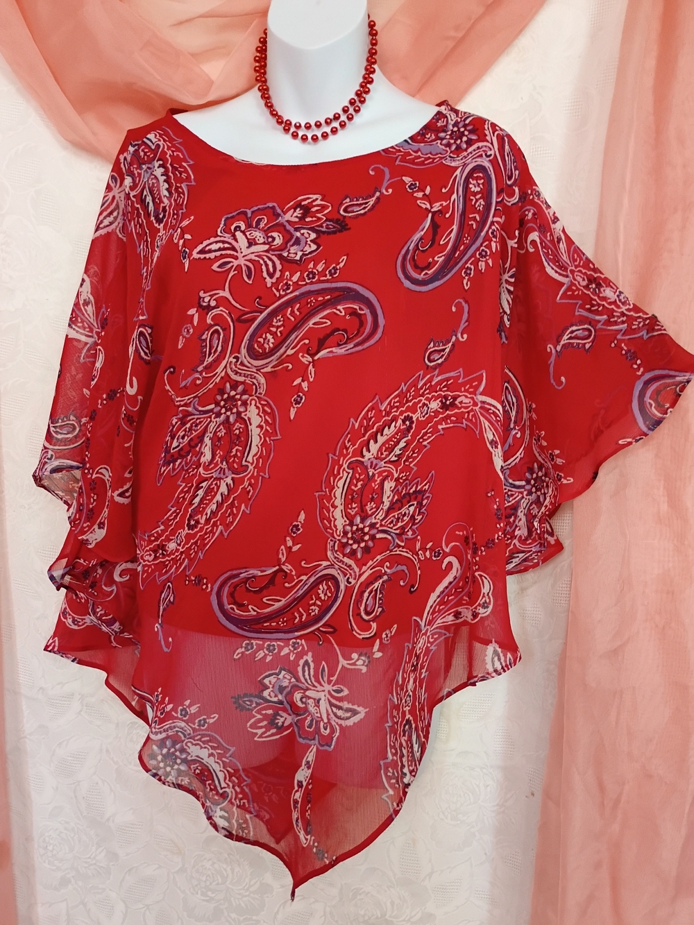 Dana Buchman Ladies Red Paisley Chiffon Batwing Top Sz M